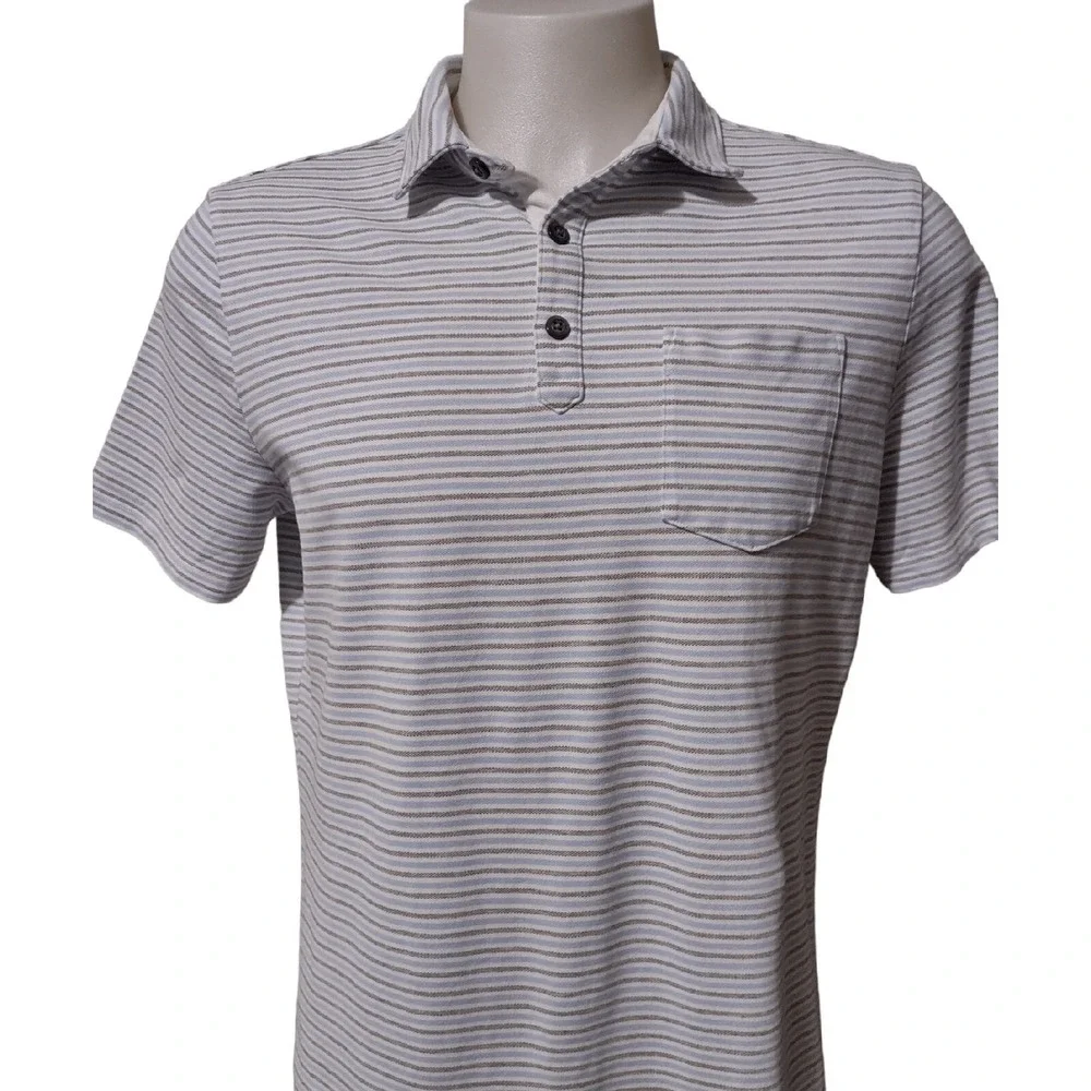Banana Republic Polo Shirt Large Mens‎ Striped Performance Pique Gray White Bold
